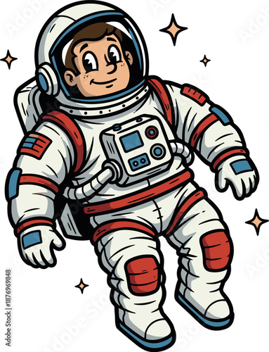 A cheerful cartoon astronaut floating in space with a happy expression on a transparent background