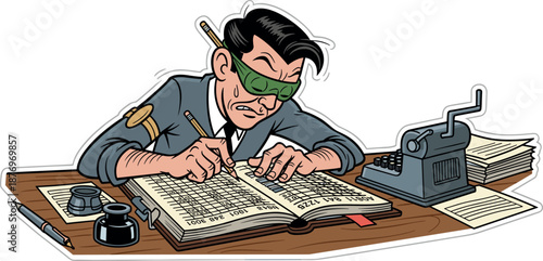 A frustrated man wearing goggles struggles to solve a difficult puzzle on a cluttered desk on transparent background