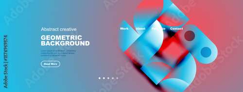 Abstract geometric background design. Blue, red hues create modern visual impact. Website header includes navigation options, text.