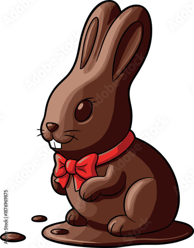 A cute cartoon bunny wearing a red bow sitting with spilled chocolate on transparent background
