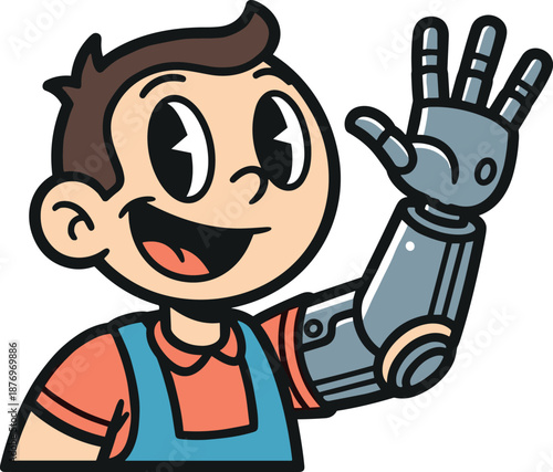 A friendly cartoon boy with a happy expression waving his hand on transparent background