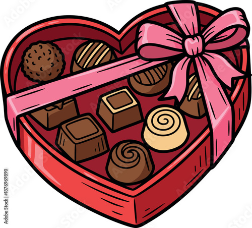 A heart-shaped box filled with assorted chocolates wrapped with a pink ribbon on transparent background
