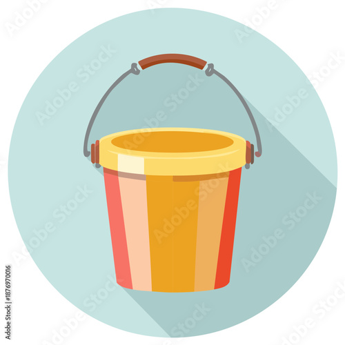 Cartoon style icon illustration of striped orange and red bucket with a metal handle on light blue circle background.