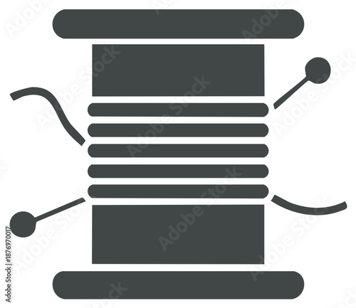 A dark gray graphic illustration of a spool of thread with two needles