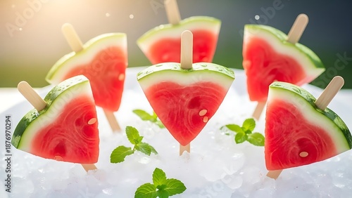 Refreshing heart-shaped watermelon slices on sticks, chilling on ice for a perfect summer treat
