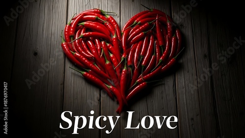 A heart formed by fiery red chili peppers symbolizing passion and spicy love on a dark wooden surface