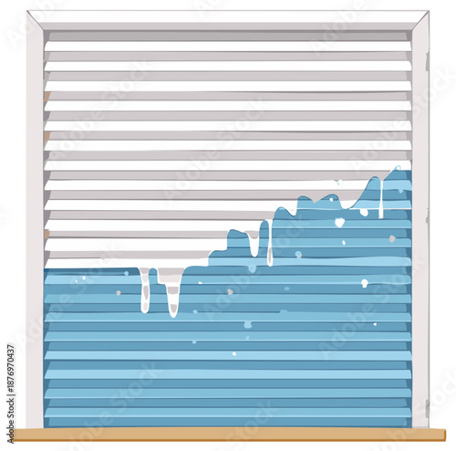 Illustration of a window with blinds in the color of blue water with dripping water drops