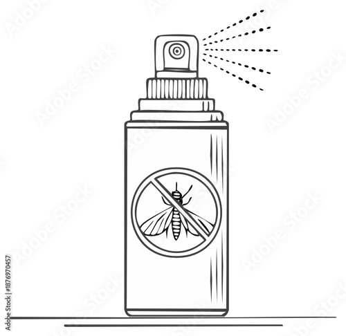 Insecticide spray can with a crossed-out insect icon, doodle style illustration.