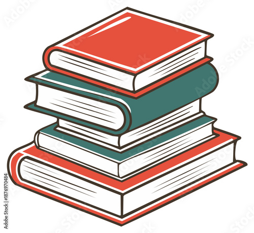 Stack of Four Colorful Vintage Books with Red and Teal Covers