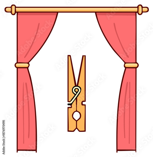 Illustration of a wooden clothespin with decorative pink curtains and a golden curtain rod