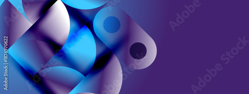 Abstract shapes blend blues, purples. Fluid forms create dynamic composition. Modern design evokes technology, innovation. Smooth gradients suggest depth.