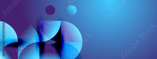 Abstract composition featuring overlapping circles, squares, gradients. Blue, purple hues dominate design, creating modern aesthetic.