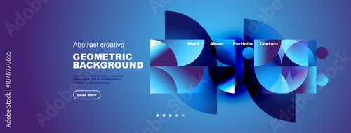 Abstract blue design features geometric shapes, text elements, navigation menu. Modern aesthetic suitable for website header or banner.