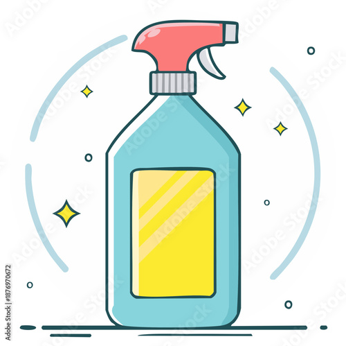 Illustration of a blue and red spray bottle with a yellow label, cleaning concept