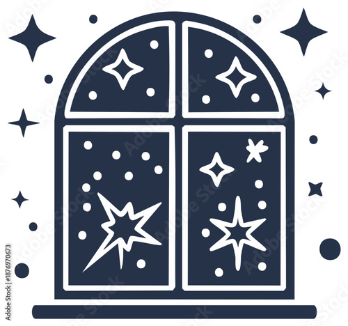 Window at night with sparkling stars and cosmic elements