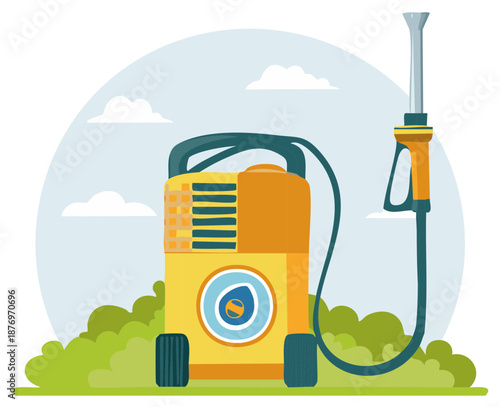 Cartoon illustration of pressure washer, landscape with sky and grass