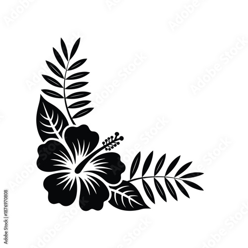 black silhouette of a hibiscus flower and leaves on a white background