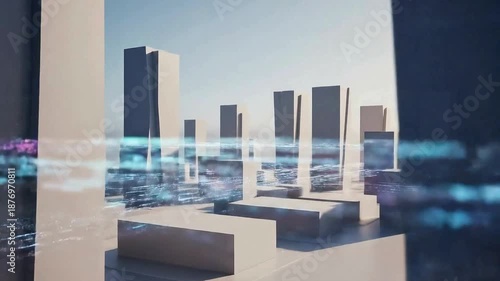 Modern cityscape with sleek skyscrapers and dynamic light trails