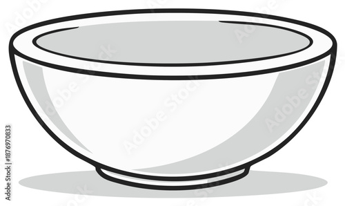Grayscale cartoon illustration of an empty ceramic kitchen bowl