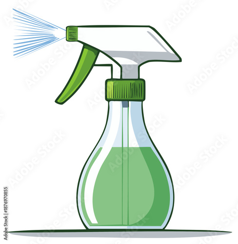 Vector illustration of a green plastic spray bottle spraying a fine mist of liquid for cleaning or gardening