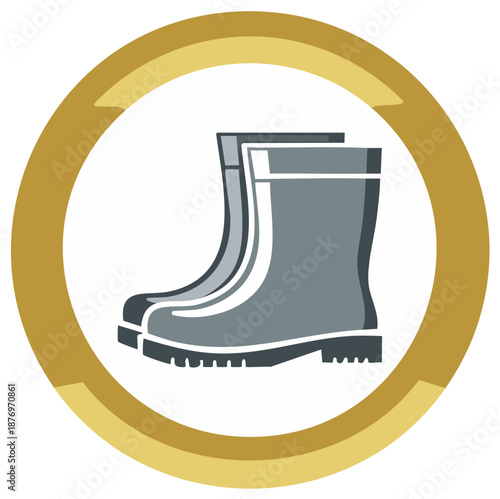 Graphic vector icon of gray waterproof rubber boots inside a golden circular frame