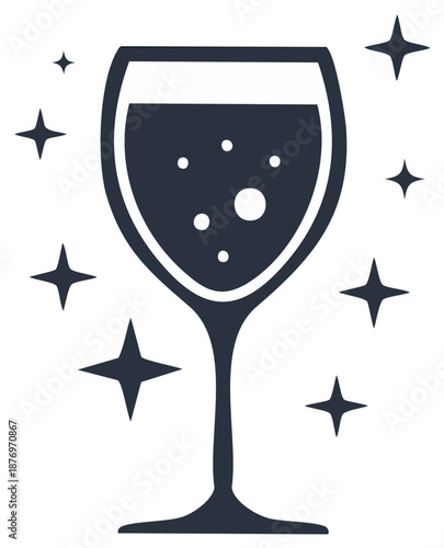 Elegant sparkling wine glass icon with bubbles and stars for celebration