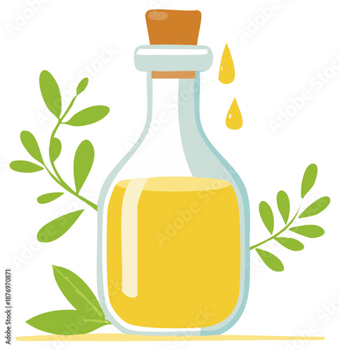 Aromatic Oil in Glass Bottle with Cork and Green Leaves Illustration with Drops
