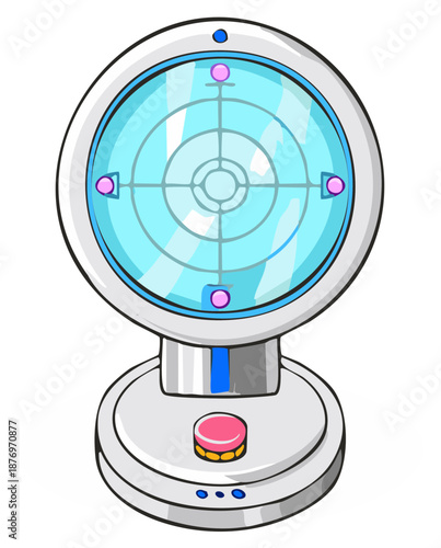 Stylized science fiction radar device with a central target display and a large pink button