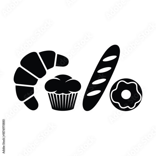 black silhouettes of various baked goods on white background