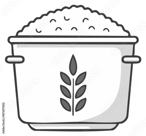 Cooked white rice in a pot with grain symbol, minimalist grayscale illustration