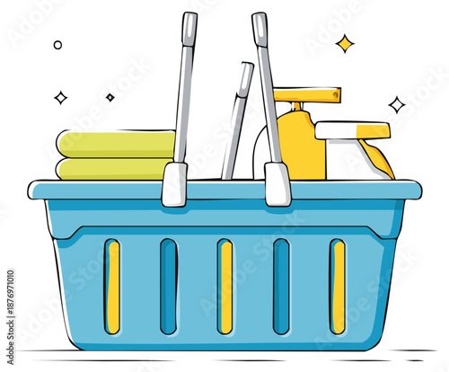 Cartoon illustration of a shopping basket full of household cleaning supplies and fresh towels
