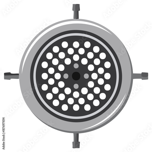 Top view illustration of a metal meat grinder plate or mincer disc for a kitchen appliance
