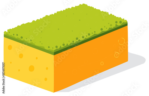 Porous household cleaning sponge with green abrasive scourer pad vector illustration