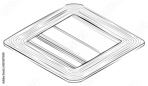 Isometric line art illustration of a rhombus shaped buckle with metallic texture and subtle shading