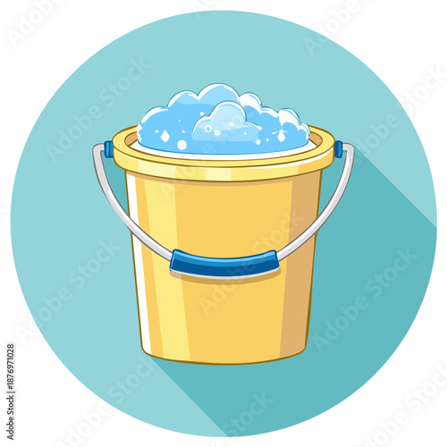 Cartoon cleaning bucket with soapy water and bubbles flat icon