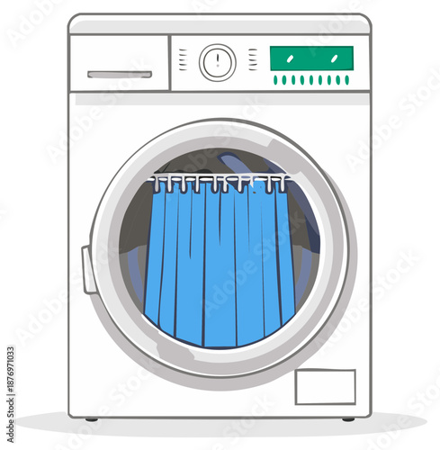 Surreal concept of washing a blue shower curtain inside a laundry machine