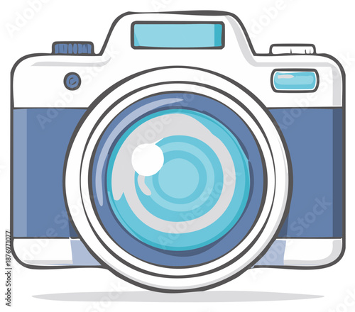 Blue and White Camera Illustration with Lens Flare Depicting Photography and Memories Captured Through the Focus
