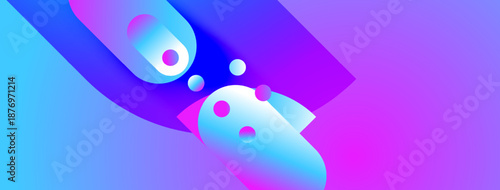 Abstract shapes blend vibrant blues, purples, pinks. Dynamic composition suggests movement, energy, modern design aesthetic. Smooth gradients create depth.