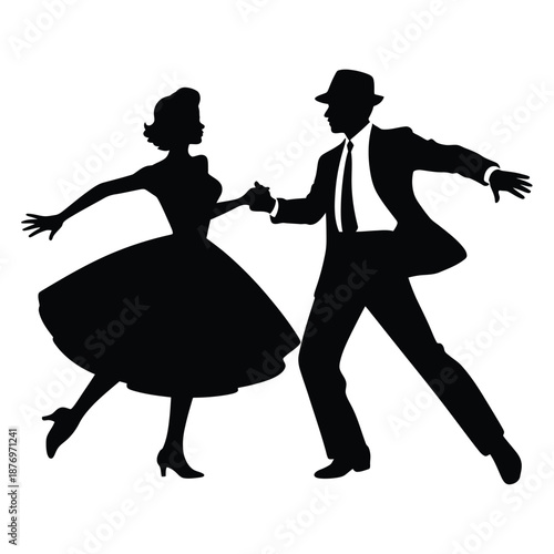 silhouette of a man and woman dancing together in a lively swing dance