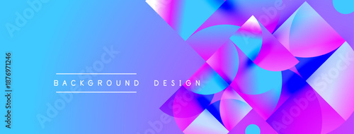 Abstract vibrant background. Overlapping shapes, circles, squares create dynamic visual effect. Blue, purple hues dominate composition.