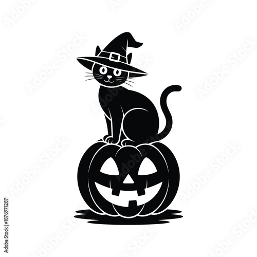 Black cat in a witch hat sitting on a jack o lantern