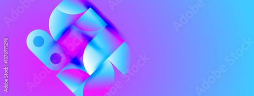 Abstract shapes, vibrant purpleblue gradient. Modern design, dynamic composition, soft shadows create depth. Minimalist aesthetic.