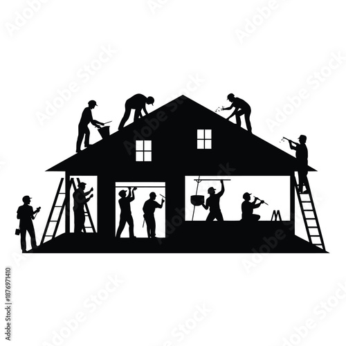 Silhouette of construction workers building a house with various tools