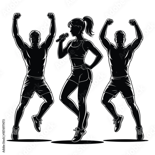 Three energetic people dancing and exercising together in black silhouette
