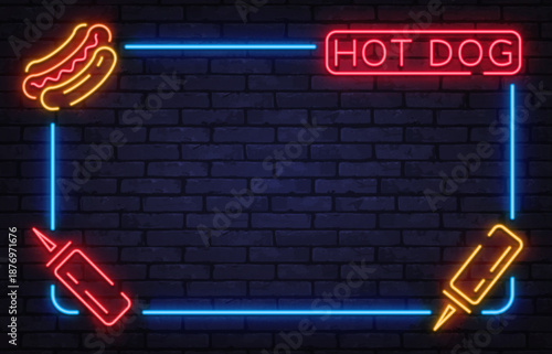 Vibrant neon hot dog frame with sauce bottles and food elements. Perfect for fast food branding, menus, or snack promotions.