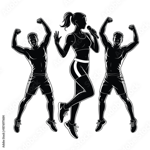 silhouette of three people jumping in the air with their fists raised