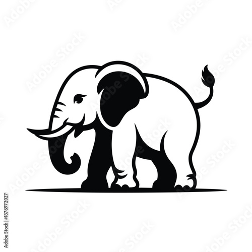 a black and white elephant with its trunk curled up