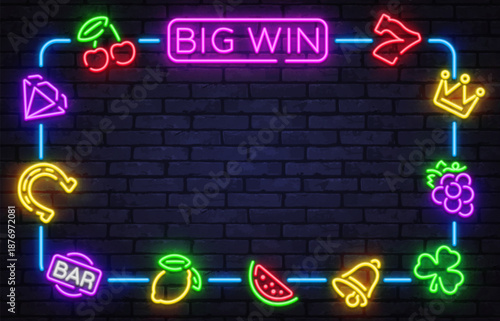 Neon big win frame with classic casino icons and glowing effects. Perfect for winning screens, promotions, or gambling ads.