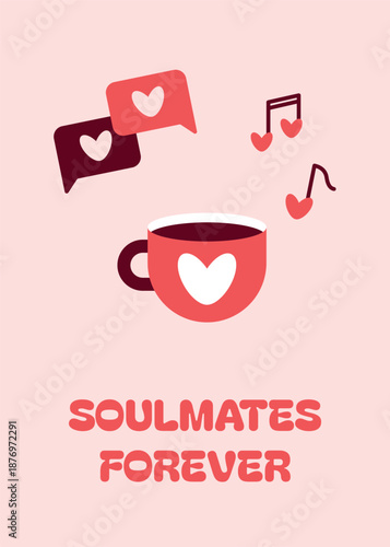 Vertical Valentine's Day greeting card, romantic social media banner, love-themed postcard, elegant promo design. Hand drawn cute illustrations. Coffee cup, music notes, messages