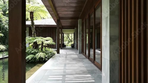 Modern building corridor with lush greenery and serene water feature